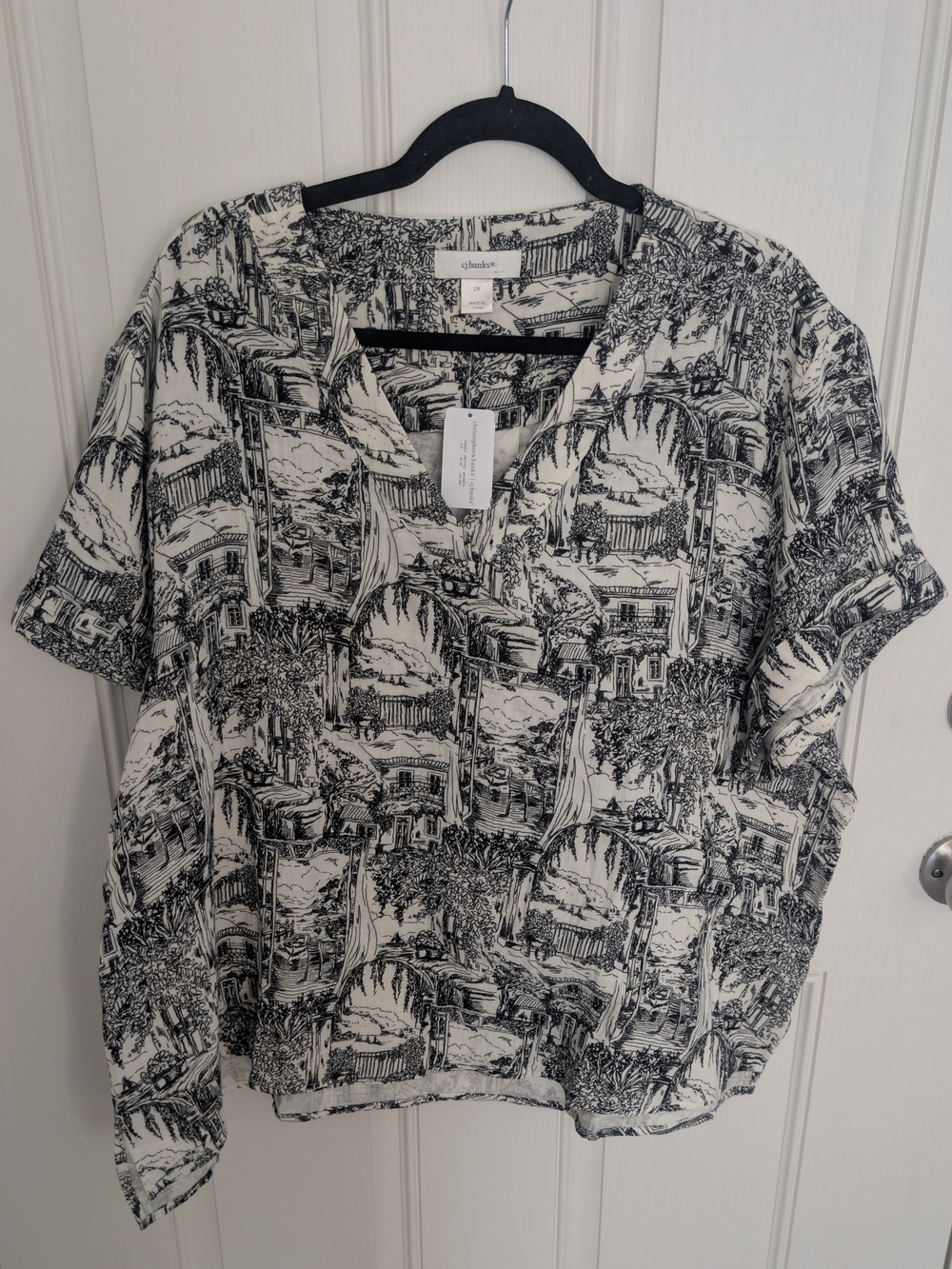 CJ Banks Black & White Scenic Toile V-Neck Blouse